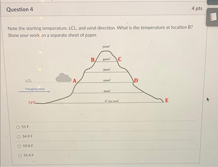 Question 4 4 Pts Note The Starting Temperature Lcl And Wind Direction What Is The Temperature At Location B Show You 1