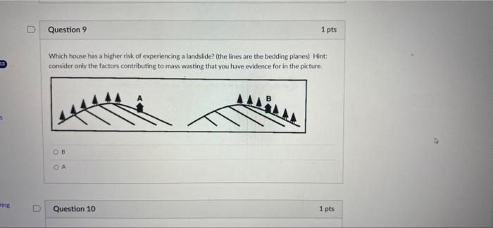 Question 9 1 Pts 13 Which House Has A Higher Risk Of Experiencing A Landslide The Lines Are The Bedding Planes Hint 1