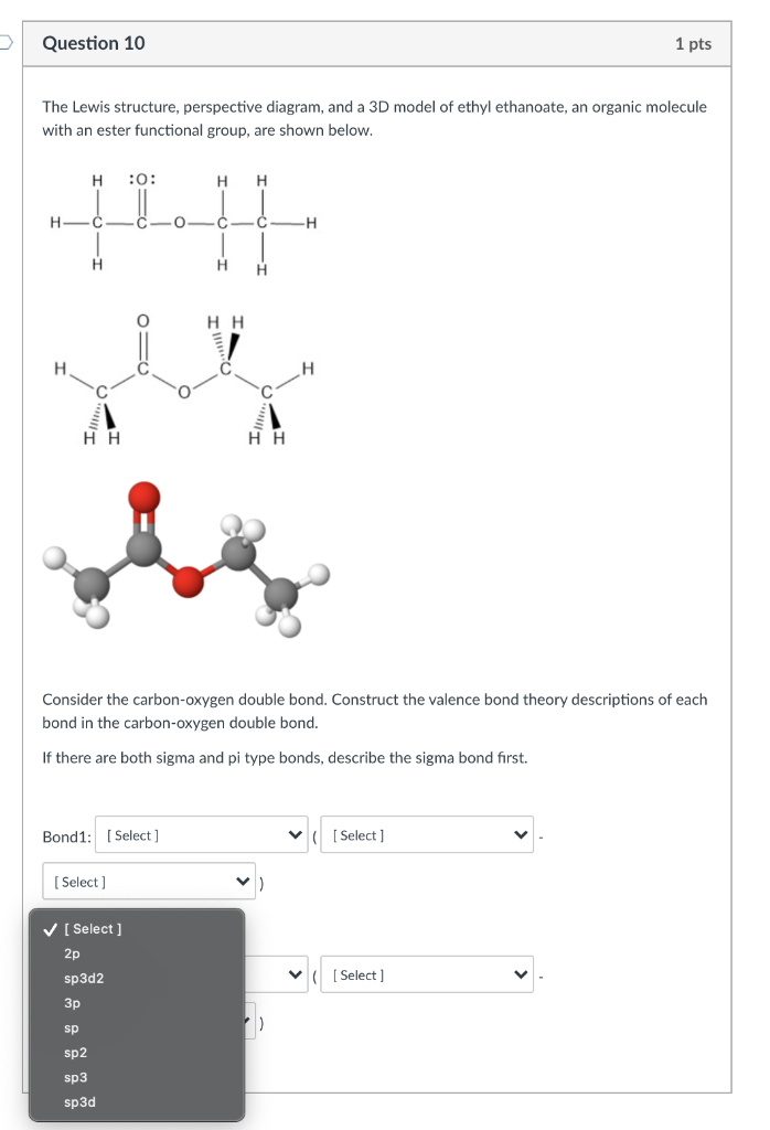 Question 10 1 Pts The Lewis Structure Perspective Diagram And A 3d Model Of Ethyl Ethanoate An Organic Molecule Wit 1