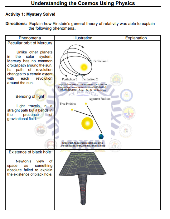 Understanding The Cosmos Using Physics Activity 1 Mystery Solve Directions Explain How Einstein S General Theory Of R 1