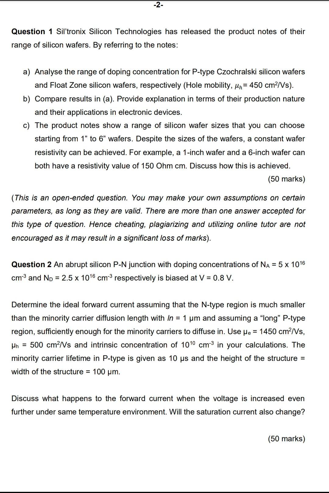 2 Question 1 Sil Tronix Silicon Technologies Has Released The Product Notes Of Their Range Of Silicon Wafers By Refer 1