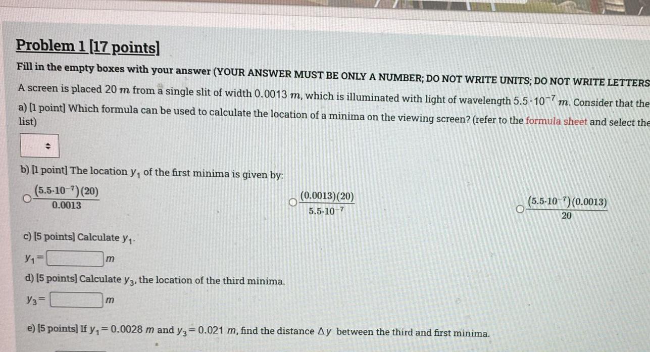 Problem 1 17 Points Fill In The Empty Boxes With Your Answer Your Answer Must Be Only A Number Do Not Write Units D 1