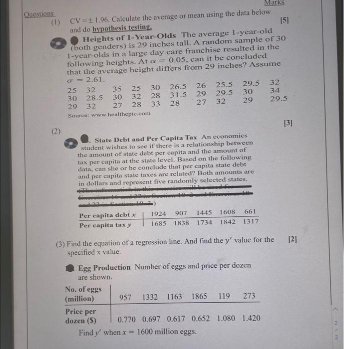 Marks Questions 1 Cv 1 96 Calculate The Average Or Mean Using The Data Below And Do Hypothesis Testing 151 Height 1