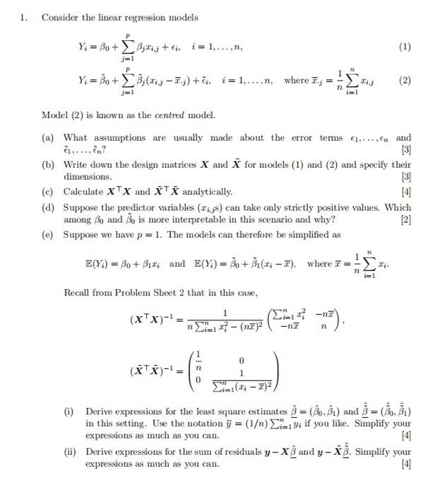 1 Consider The Linear Regression Models Y Bo B Fij I 1 N 1 J 1 12 Y Bo 8 Tij 7 J I 1 N Wher 1