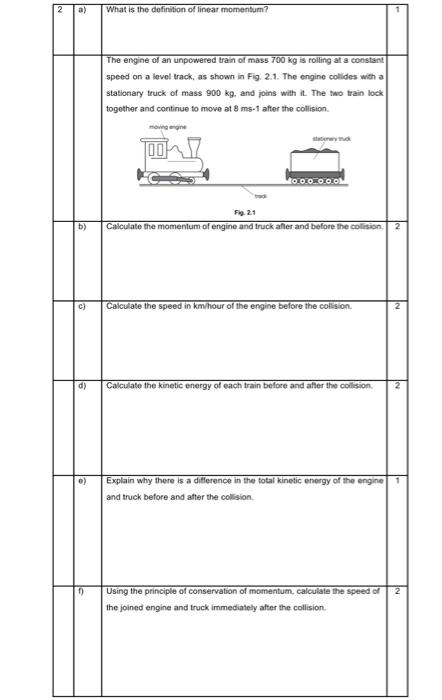 2 A What Is The Definition Of Linear Momentum The Engine Of An Unpowered Train Of Mass 700 Kg Is Rolling At A Constant 1