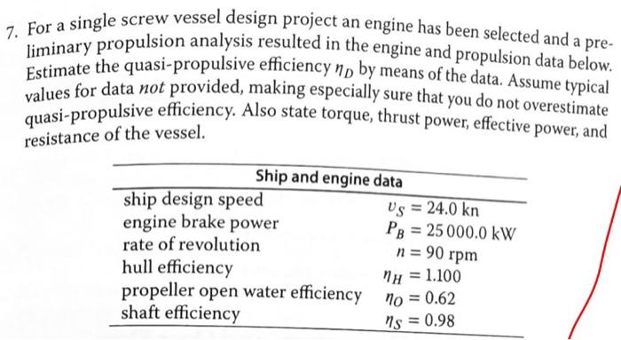 7 For A Single Screw Vessel Design Project An Engine Has Been Selected And A Pre Liminary Propulsion Analysis Resulted 1
