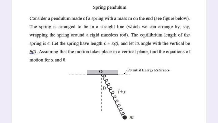 Spring Pendulum Consider A Pendulum Made Of A Spring With A Mass M On The End See Figure Below The Spring Is Arranged 1