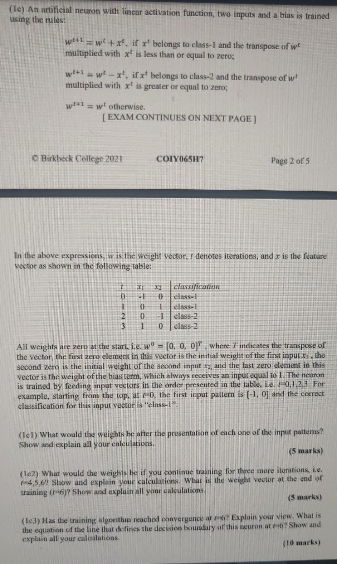 Le An Artificial Neuron With Linear Activation Function Two Inputs And A Bias Is Trained Using The Rules Wl 1 W 1