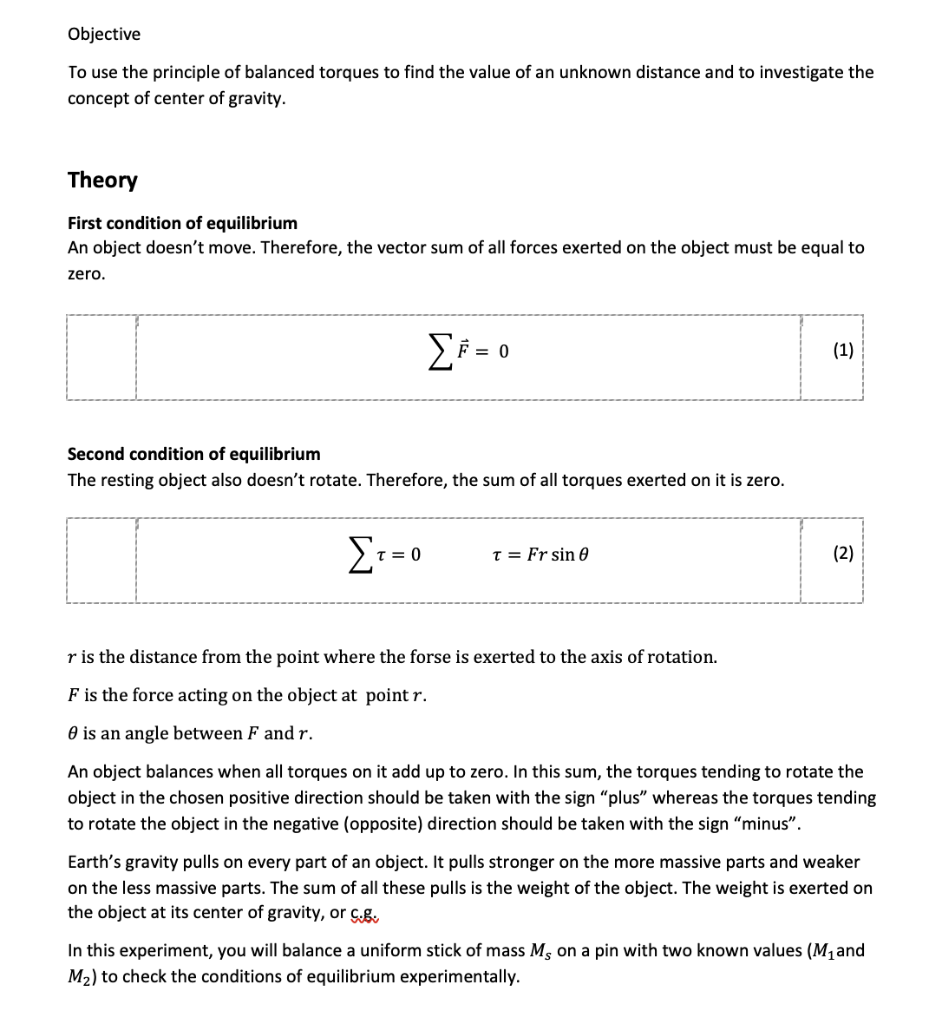 Objective To Use The Principle Of Balanced Torques To Find The Value Of An Unknown Distance And To Investigate The Conce 1