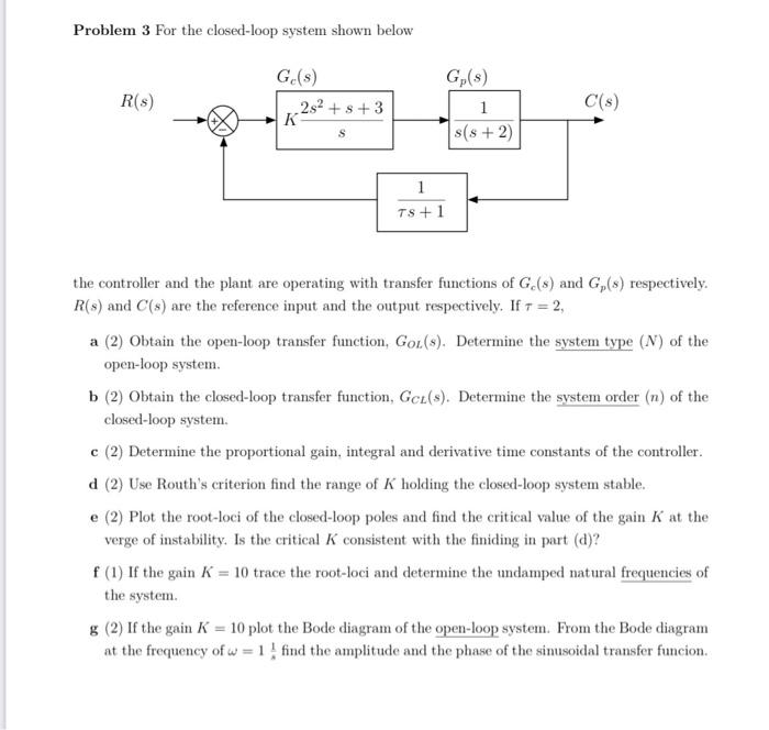 Problem 3 For The Closed Loop System Shown Below R S Ge S 2s S 3 K Gp S 1 S S 2 C S S 1 Ts 1 The Controller And 1