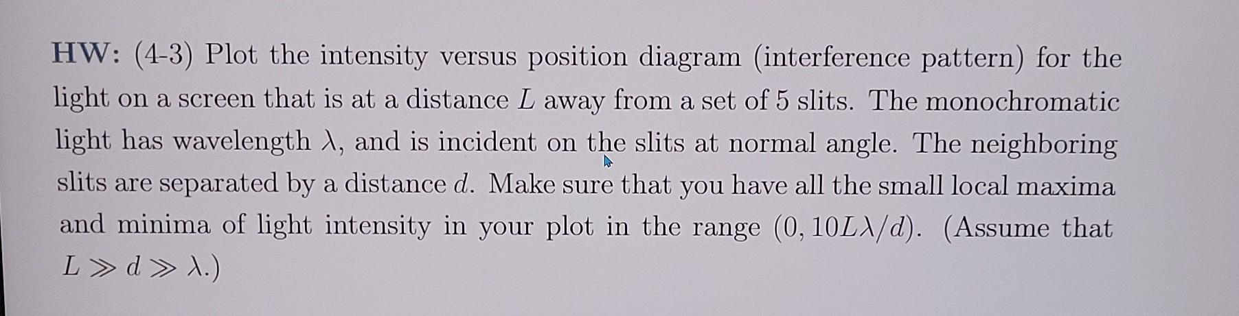 Hw 4 3 Plot The Intensity Versus Position Diagram Interference Pattern For The Light On A Screen That Is At A Dista 1