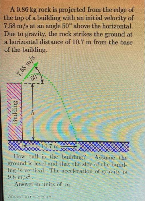 A 0 86 Kg Rock Is Projected From The Edge Of The Top Of A Building With An Initial Velocity Of 7 58 M S At An Angle 50 1