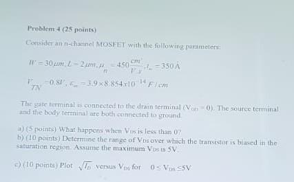 Problem 25 Points Consideran N Channel Mosfet With The Following Parameters Cm 150 It 30 Ml 2 350 A 0 81 1
