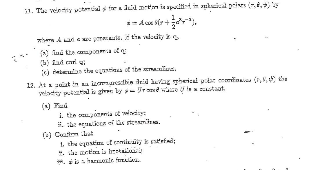 2 11 The Velocity Potential O For A Luid Motion Is Specioed In Spherical Pclass 7 0 6 By 6 A Cos 8 R 23 Where 1