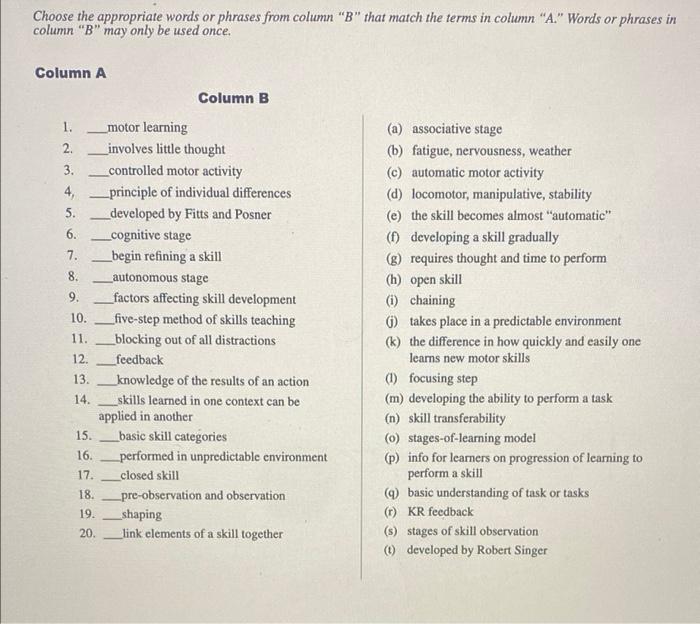 Choose The Appropriate Words Or Phrases From Column B That Match The Terms In Column A Words Or Phrases In Column 1