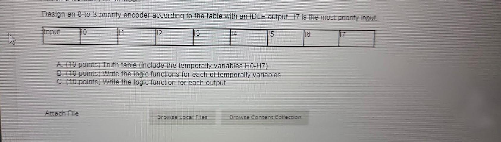 Design An 8 To 3 Priority Encoder According To The Table With An Idle Output 17 Is The Most Priority Input Input 10 12 3 1