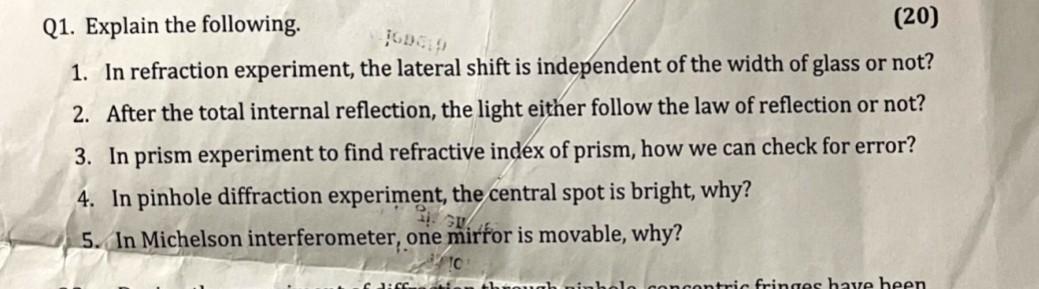 0909 Q1 Explain The Following 20 1 In Refraction Experiment The Lateral Shift Is Independent Of The Width Of Glass 1