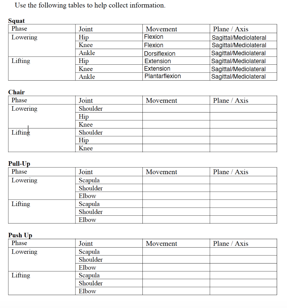 Use The Following Tables To Help Collect Information Squat Phase Lowering Joint Hip Knee Ankle Hip Knee Ankle Movement 1