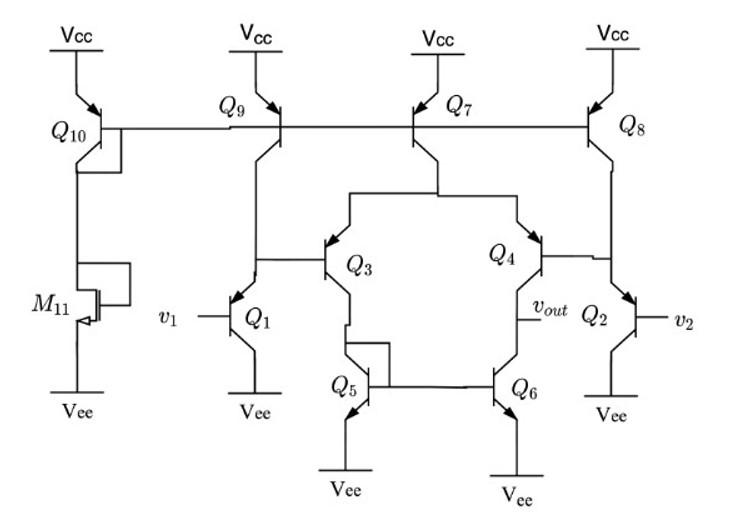 Vcc V Cc Vcc Voc Q9 Q7 Q10 Q8 Q3 Q4 Mu Vout Q2 V1 Q1 V2 Q5 Q6 Vee Vee Vee Vee Vee 1