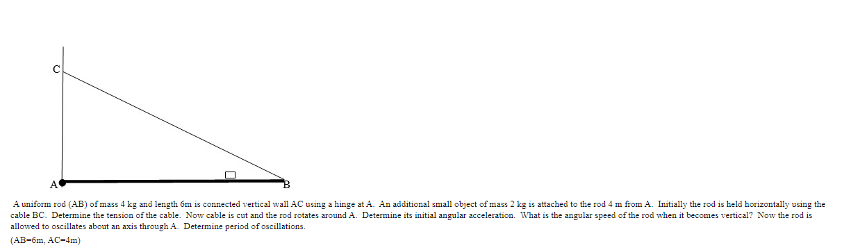 A Uniform Rod Ab Of Mass 4 Kg And Length 6m Is Connected Vertical Wall Ac Using A Hinge At A An Additional Small Obje 1