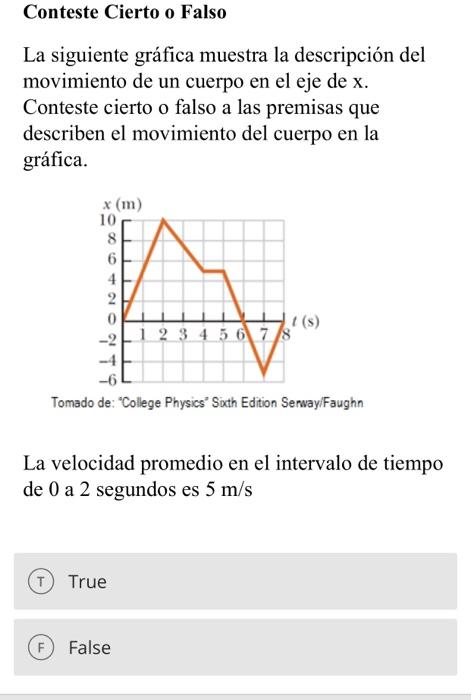 Conteste Cierto O Falso La Siguiente Grafica Muestra La Descripcion Del Movimiento De Un Cuerpo En El Eje De X Conteste 1