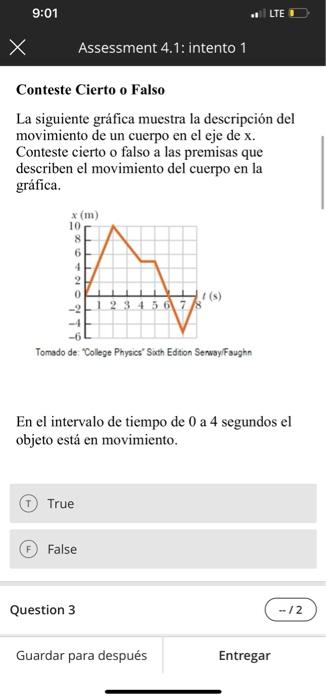 Conteste Cierto O Falso La Siguiente Grafica Muestra La Descripcion Del Movimiento De Un Cuerpo En El Eje De X Conteste 2
