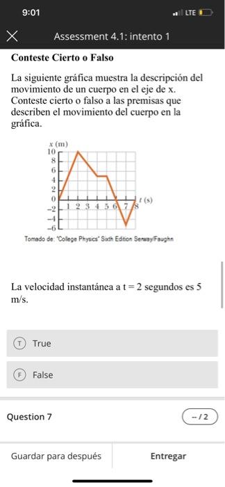 Conteste Cierto O Falso La Siguiente Grafica Muestra La Descripcion Del Movimiento De Un Cuerpo En El Eje De X Conteste 5