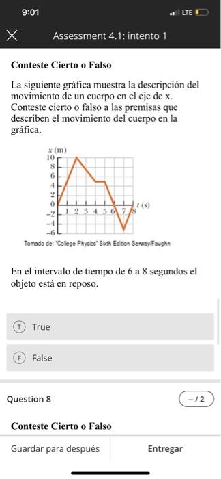 Conteste Cierto O Falso La Siguiente Grafica Muestra La Descripcion Del Movimiento De Un Cuerpo En El Eje De X Conteste 6