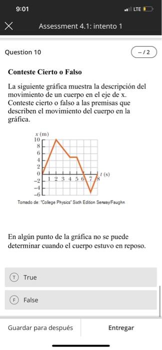 Conteste Cierto O Falso La Siguiente Grafica Muestra La Descripcion Del Movimiento De Un Cuerpo En El Eje De X Conteste 8