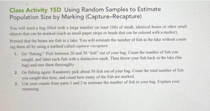 Class Activity 15d Using Random Samples To Estimate Population Size By Marking Capture Recapture You Will Need A Bag F 1