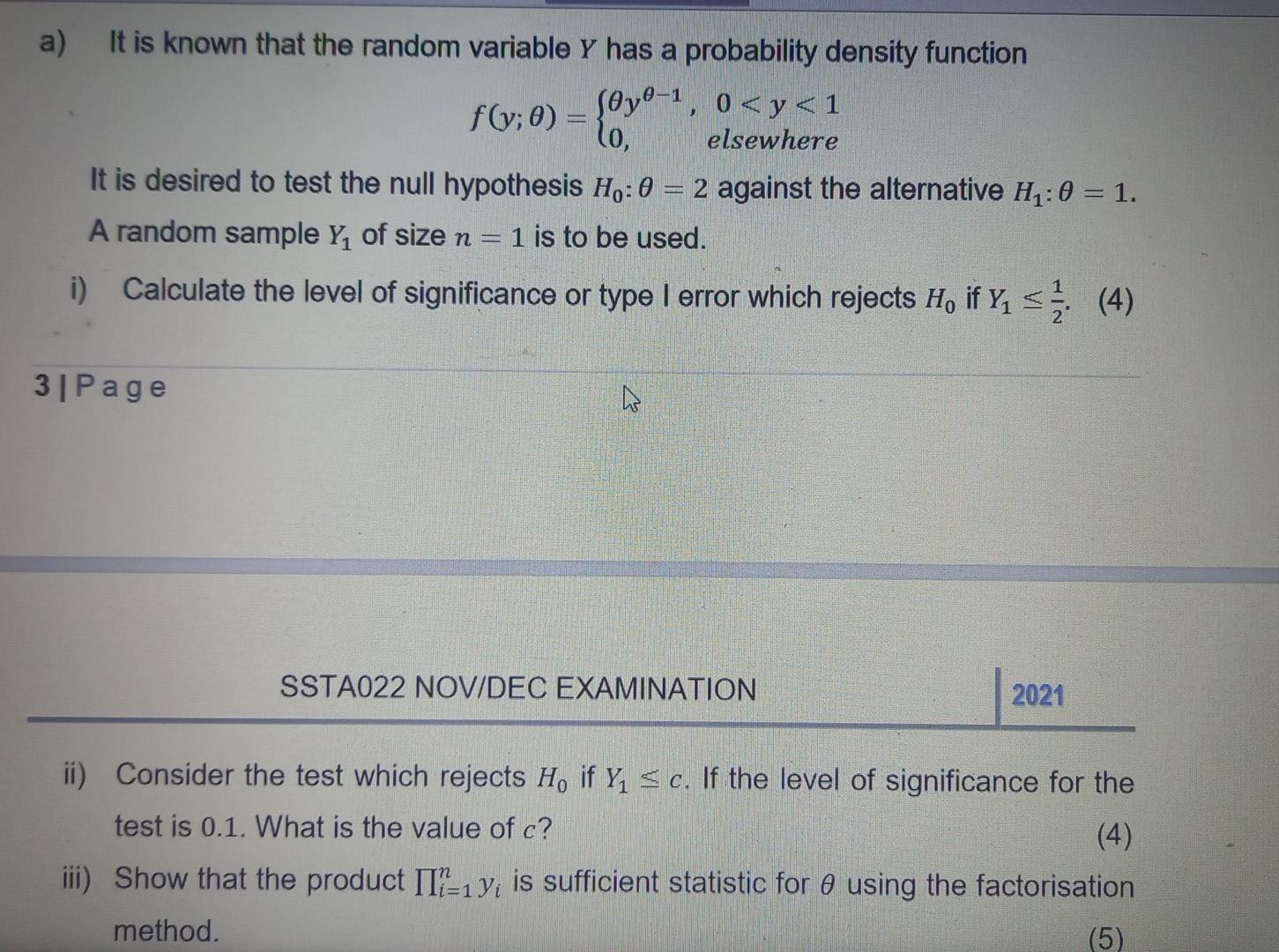 F 9 0 30 2 Y 1 A It Is Known That The Random Variable Y Has A Probability Density Function 0 Y0 1 Y 1 Else 1