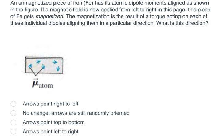 An Unmagnetized Piece Of Iron Fe Has Its Atomic Dipole Moments Aligned As Shown In The Figure If A Magnetic Field Is 1