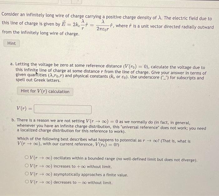 Consider An Infinitely Long Wire Of Charge Carrying A Positive Charge Density Of A The Electric Field Due To This Line 1