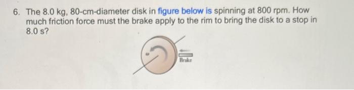 6 The 8 0 Kg 80 Cm Diameter Disk In Figure Below Is Spinning At 800 Rpm How Much Friction Force Must The Brake Apply 1