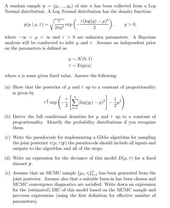 A Random Sample Y Y Yn Of Size N Has Been Collected From A Log Normal Distribution A Log Normal Distribution 1