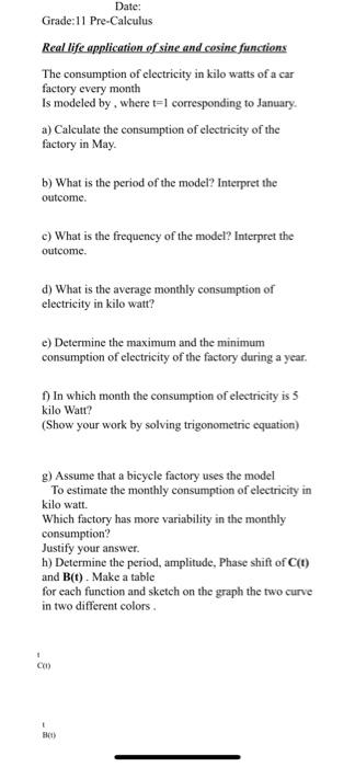 Date Grade 11 Pre Calculus Real Life Application Of Sine And Cosine Functions The Consumption Of Electricity In Kilo Wa 1
