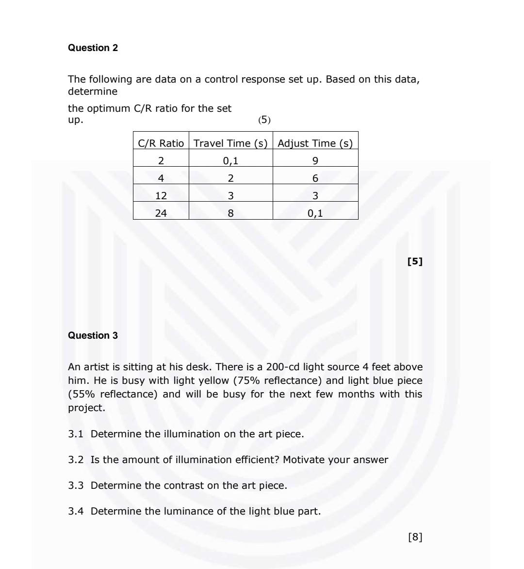 Question 2 The Following Are Data On A Control Response Set Up Based On This Data Determine The Optimum C R Ratio For 1