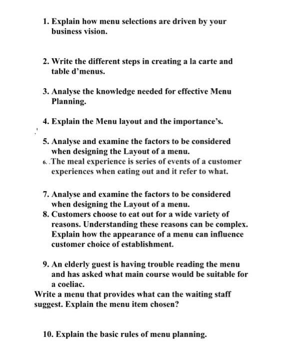 1 Explain How Menu Selections Are Driven By Your Business Vision 2 Write The Different Steps In Creating A La Carte A 1