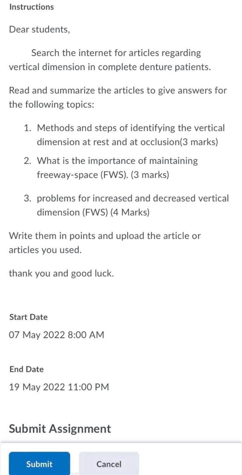 Instructions Dear Students Search The Internet For Articles Regarding Vertical Dimension In Complete Denture Patients 1