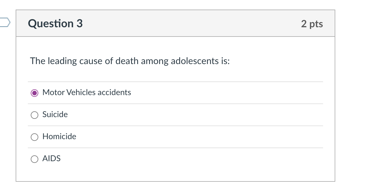 Question 3 2 Pts The Leading Cause Of Death Among Adolescents Is Motor Vehicles Accidents Suicide Homicide Aids D Que 1