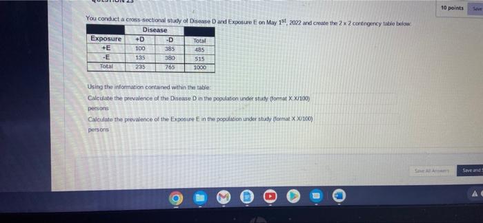 10 Points You Conduct A Cross Sectional Study Of Disease And Exposure On May 15 2022 And Create The 2 X 2 Contingency Ta 1