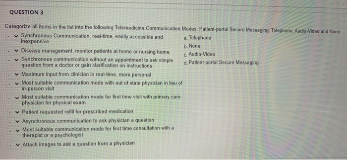 Question 3 Categorize All Items In The List Into The Following Telemedicine Communication Modes Patient Portal Secure M 1