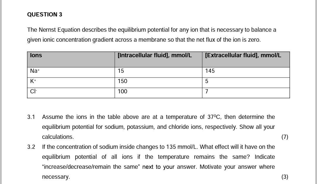 Question 3 The Nernst Equation Describes The Equilibrium Potential For Any Ion That Is Necessary To Balance A Given Ioni 1