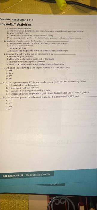 Post Lab Assessment 21e Physioex Activities 1 Ahorax 1 A The Pressure In The Inter Coming Than Her Babacterial Infectio 1