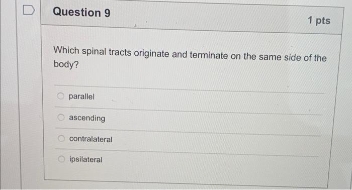 D Question 9 1 Pts Which Spinal Tracts Originate And Terminate On The Same Side Of The Body Parallel Ascending Contrala 1