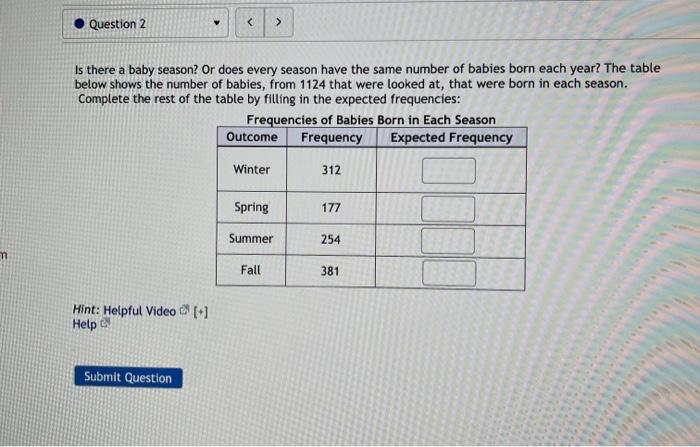 Question 2 Is There A Baby Season Or Does Every Season Have The Same Number Of Babies Born Each Year The Table B 1