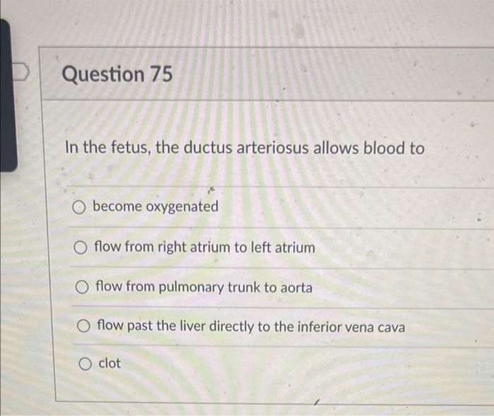 D Question 75 In The Fetus The Ductus Arteriosus Allows Blood To O Become Oxygenated O Flow From Right Atrium To Left A 1