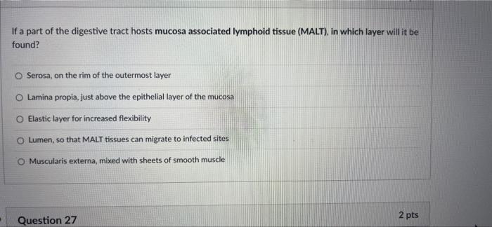 If A Part Of The Digestive Tract Hosts Mucosa Associated Lymphoid Tissue Malt In Which Layer Will It Be Found Serosa 1