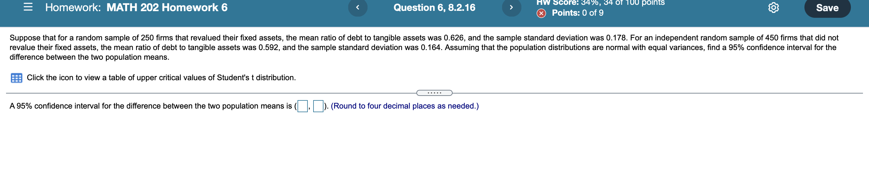 Homework Math 202 Homework 6 Question 6 8 2 16 Hw Score 34 34 Of 100 Points Points 0 Of 9 Save Suppose That For A 1
