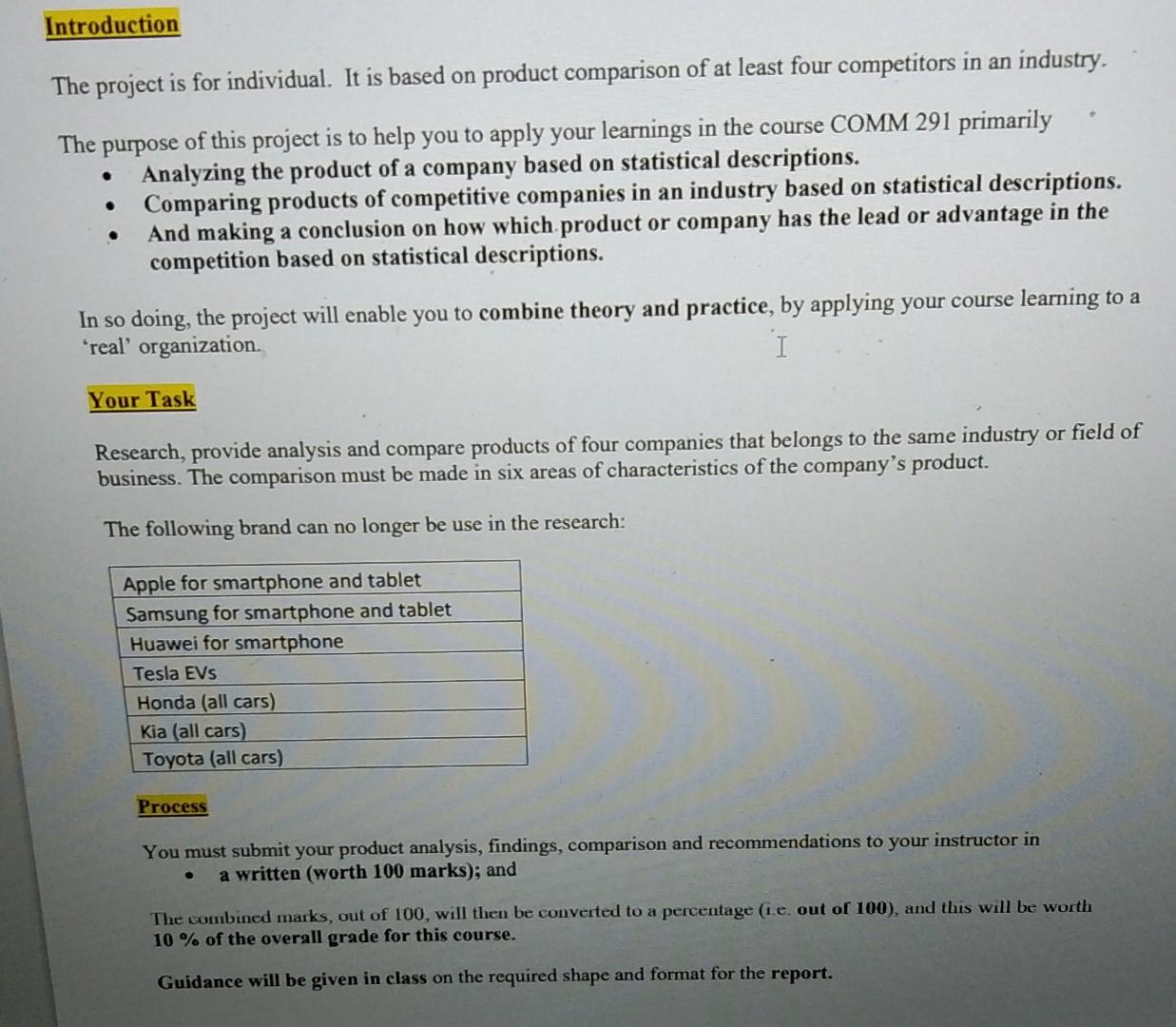 Introduction The Project Is For Individual It Is Based On Product Comparison Of At Least Four Competitors In An Industr 1